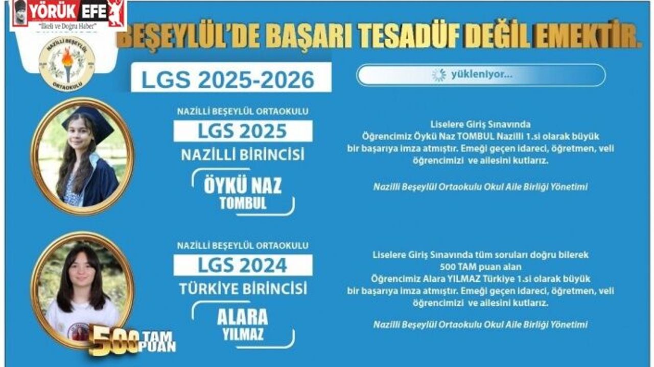 Beşeylül Ortaokulu öğrencisi LGS Nazilli birincisi oldu
