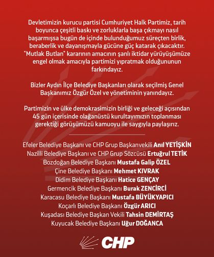 CHP’li Belediye Başkanlarından Ortak Açıklama"Yargı Kararı Yıpratma Amaçlı, 45 Gün İçinde Kurultay İstiyoruz”