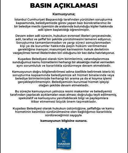 Kuşadası Belediyesi'nden Soruşturma Açıklaması "Hizmetler Kesintisiz Devam Ediyor"