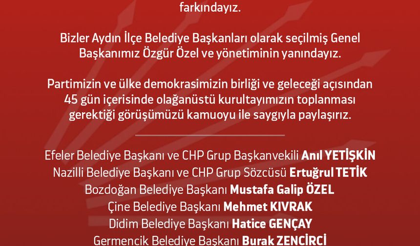 CHP’li Belediye Başkanlarından Ortak Açıklama"Yargı Kararı Yıpratma Amaçlı, 45 Gün İçinde Kurultay İstiyoruz”