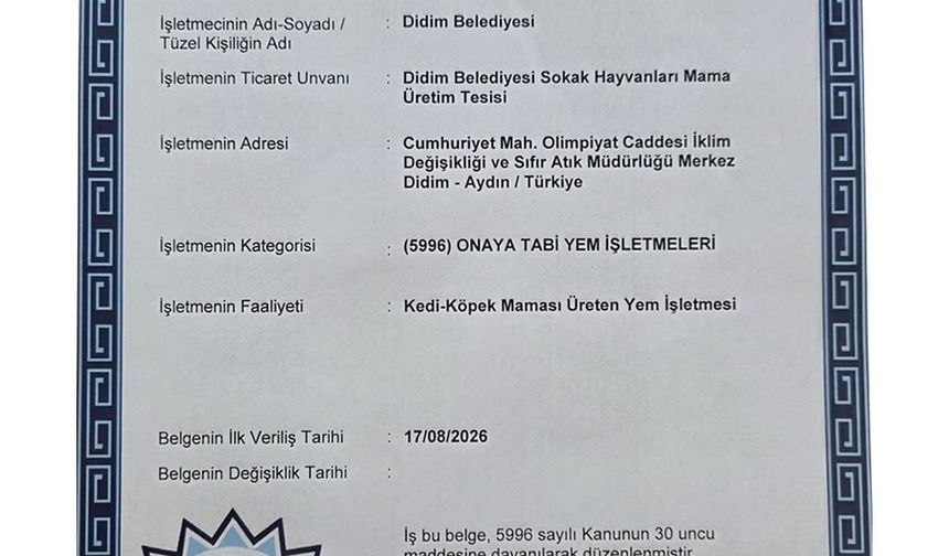 Didim'in mama üretim tesisine onay belgesi verildi