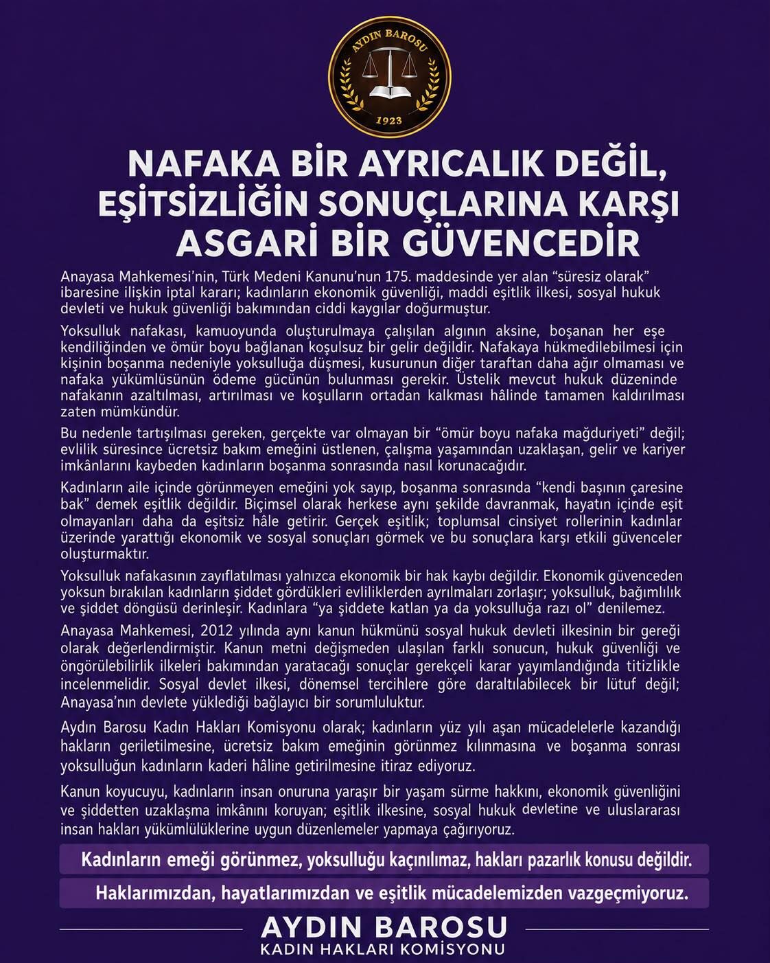 Aydın Barosu’ndan Nafaka Kararına Tepki